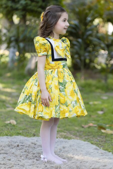 The Pony & Peony Co. Yellow Cotton Bows Floral Peony Dress Online at Aza Fashions The Pony & Peony Co._Yellow Cotton Bows Floral Peony Dress _Online_at_Aza_Fashions