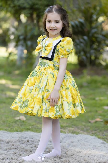 Buy The Pony & Peony Co. Yellow Cotton Bows Floral Peony Dress Online at Aza Fashions Buy_The Pony & Peony Co._Yellow Cotton Bows Floral Peony Dress _Online_at_Aza_Fashions