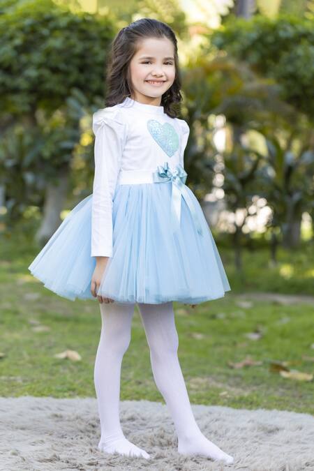 The Pony & Peony Co. Blue Cotton Sequins, Bows Heart Applique Work Dress Online at Aza Fashions The Pony & Peony Co._Blue Cotton Sequins, Bows Heart Applique Work Dress _Online_at_Aza_Fashions