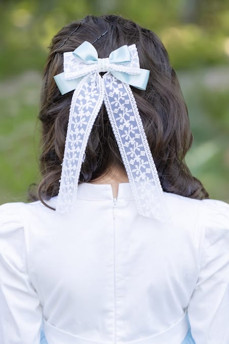 Shop The Pony & Peony Co. Blue Cotton Sequins, Bows Heart Applique Work Dress at Aza Fashions Shop_The Pony & Peony Co._Blue Cotton Sequins, Bows Heart Applique Work Dress _at_Aza_Fashions