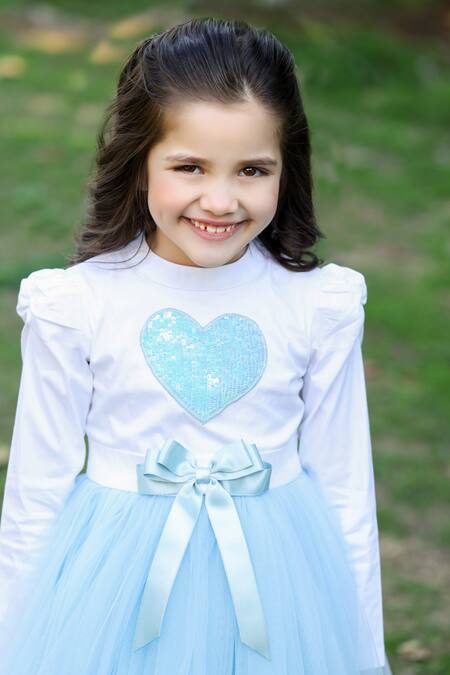 Shop The Pony & Peony Co. Blue Cotton Sequins, Bows Heart Applique Work Dress Online at Aza Fashions Shop_The Pony & Peony Co._Blue Cotton Sequins, Bows Heart Applique Work Dress _Online_at_Aza_Fashions