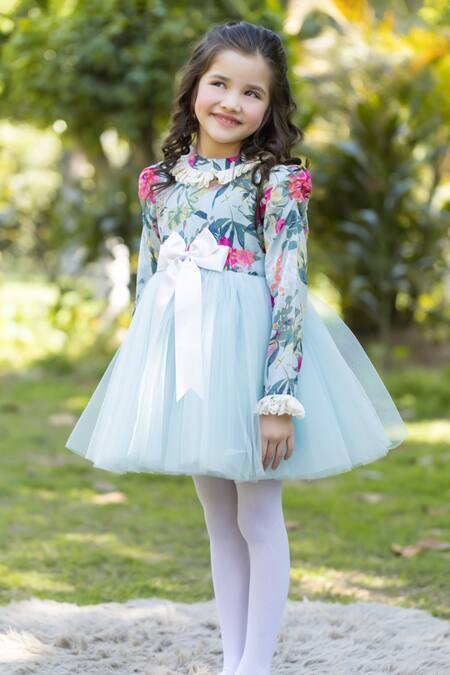 The Pony & Peony Co. Blue Cotton Bows Floral Tulle Dress Online at Aza Fashions The Pony & Peony Co._Blue Cotton Bows Floral Tulle Dress_Online_at_Aza_Fashions