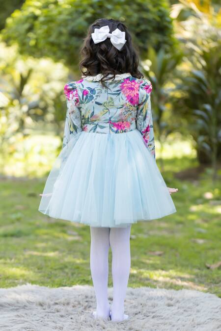 Shop The Pony & Peony Co. Blue Cotton Bows Floral Tulle Dress at Aza Fashions Shop_The Pony & Peony Co._Blue Cotton Bows Floral Tulle Dress_at_Aza_Fashions