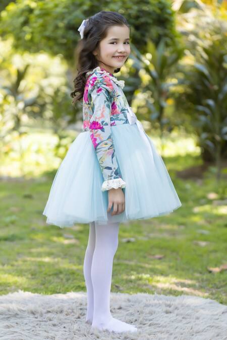 Buy The Pony & Peony Co. Blue Cotton Bows Floral Tulle Dress Online at Aza Fashions Buy_The Pony & Peony Co._Blue Cotton Bows Floral Tulle Dress_Online_at_Aza_Fashions