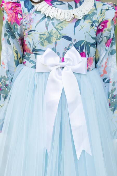 Shop The Pony & Peony Co. Blue Cotton Bows Floral Tulle Dress Online at Aza Fashions Shop_The Pony & Peony Co._Blue Cotton Bows Floral Tulle Dress_Online_at_Aza_Fashions