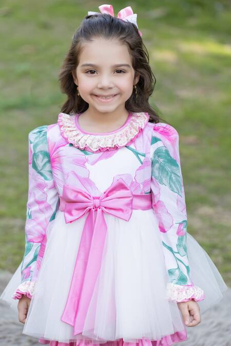 The Pony & Peony Co. Pink Cotton Bows Floral Print Dress Online at Aza Fashions The Pony & Peony Co._Pink Cotton Bows Floral Print Dress _Online_at_Aza_Fashions