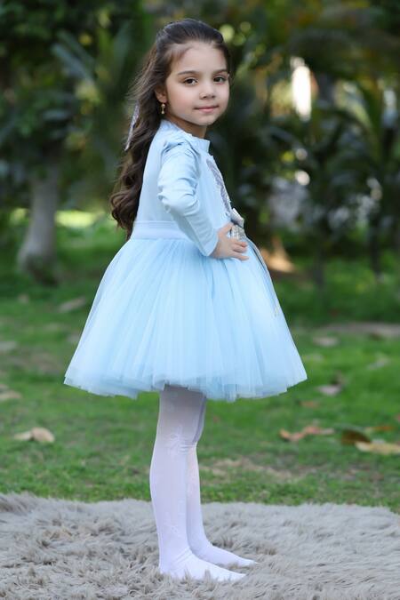 The Pony & Peony Co. Blue Cotton, Tulle Sequins Butterfly Embroidered Dress Online at Aza Fashions The Pony & Peony Co._Blue Cotton, Tulle Sequins Butterfly Embroidered Dress _Online_at_Aza_Fashions