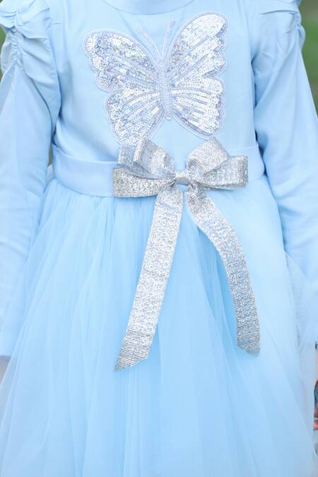 Shop The Pony & Peony Co. Blue Cotton, Tulle Sequins Butterfly Embroidered Dress Online at Aza Fashions Shop_The Pony & Peony Co._Blue Cotton, Tulle Sequins Butterfly Embroidered Dress _Online_at_Aza_Fashions