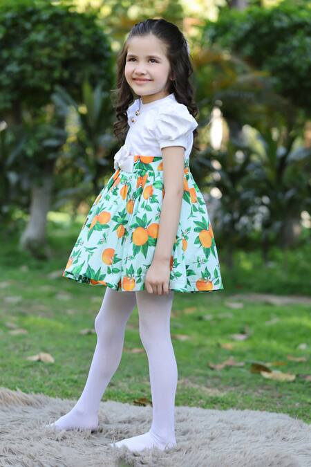 Buy_The Pony & Peony Co._Green Cotton Bows Floral Orange Dress _Online_at_Aza_Fashions