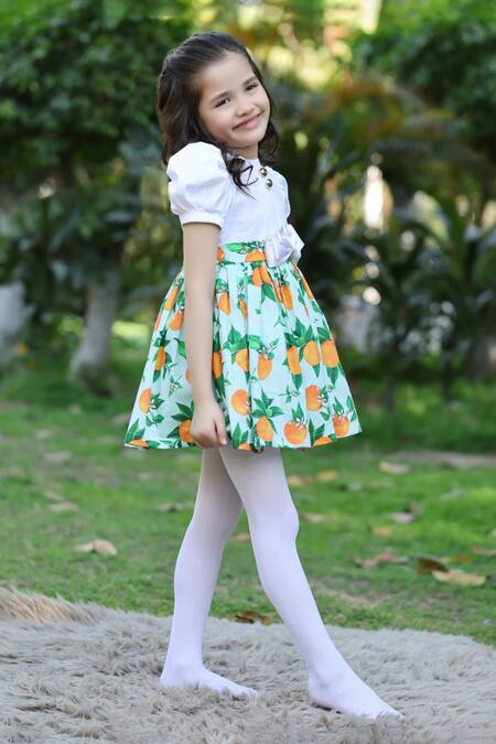 Shop_The Pony & Peony Co._Green Cotton Bows Floral Orange Dress _Online_at_Aza_Fashions
