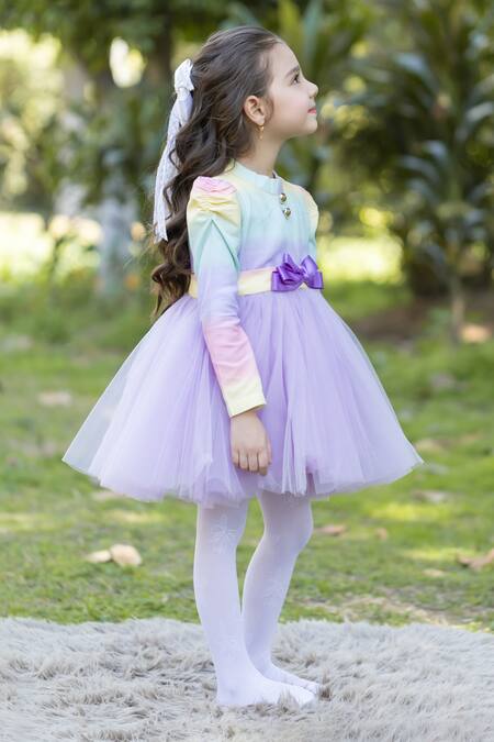 Shop_The Pony & Peony Co._Multi Color Cotton Bows Rainbow Net Dress _Online_at_Aza_Fashions