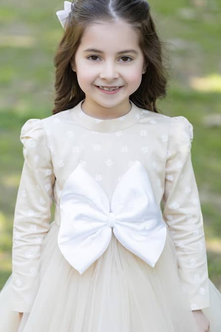 The Pony & Peony Co._Beige Cotton Bows, Embroidery Fawn Daisy Net Dress _Online_at_Aza_Fashions