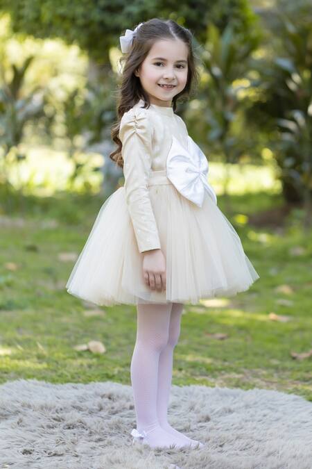 Buy_The Pony & Peony Co._Beige Cotton Bows, Embroidery Fawn Daisy Net Dress _Online_at_Aza_Fashions
