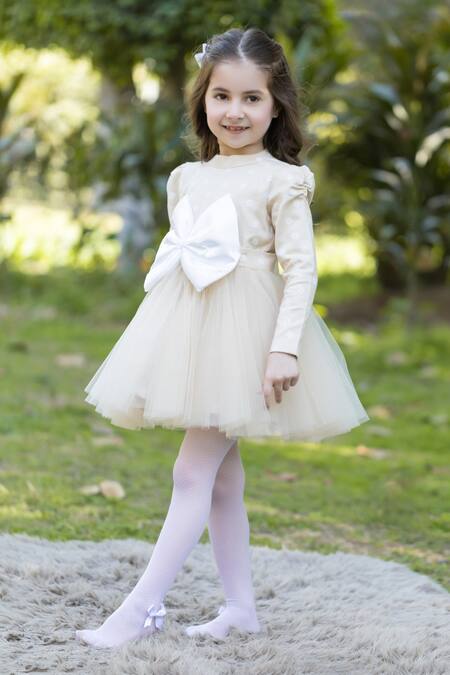 Shop_The Pony & Peony Co._Beige Cotton Bows, Embroidery Fawn Daisy Net Dress _Online_at_Aza_Fashions