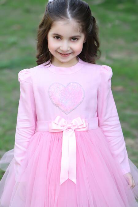 The Pony & Peony Co._Pink Cotton Bows Love You Placement Embroidered Dress_Online_at_Aza_Fashions