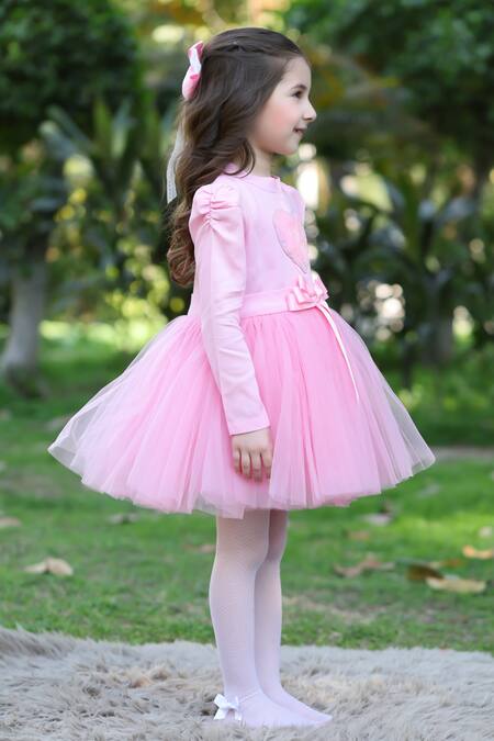 Buy_The Pony & Peony Co._Pink Cotton Bows Love You Placement Embroidered Dress_Online_at_Aza_Fashions