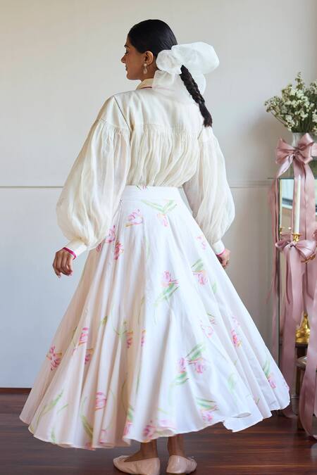Shop Juanita By Shubhda Ivory Cotton Embroidery Godet Skirt With Tulip at Aza Fashions Shop_Juanita By Shubhda_Ivory Cotton Embroidery Godet Skirt With Tulip_at_Aza_Fashions