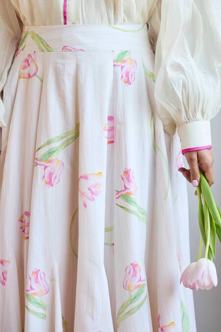 Juanita By Shubhda Ivory Cotton Embroidery Godet Skirt With Tulip Online at Aza Fashions Juanita By Shubhda_Ivory Cotton Embroidery Godet Skirt With Tulip_Online_at_Aza_Fashions