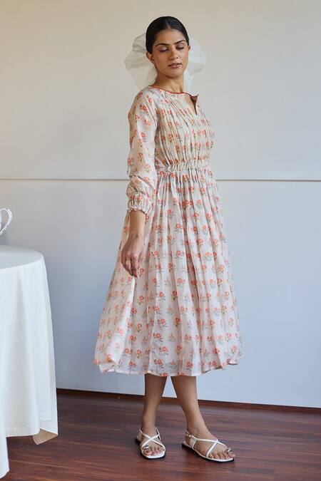 Buy_Juanita By Shubhda_Taupe Chanderi Embroidery Round Neck Handwoven Midi Dress _Online_at_Aza_Fashions