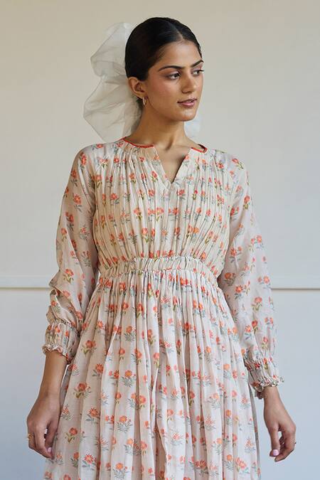Shop_Juanita By Shubhda_Taupe Chanderi Embroidery Round Neck Handwoven Midi Dress _Online_at_Aza_Fashions