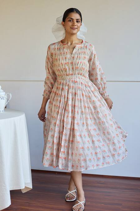 Juanita By Shubhda_Taupe Chanderi Embroidery Round Neck Handwoven Midi Dress _at_Aza_Fashions