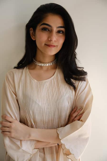 Shop_Juanita By Shubhda_Beige Silk Embroidery Round Neck Pintuck Kurta Set _Online_at_Aza_Fashions