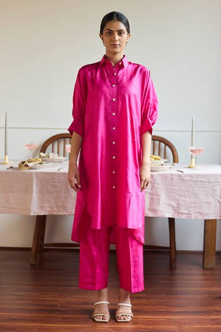 Juanita By Shubhda_Fuchsia Silk Collared Co-ord Kurta Set _Online_at_Aza_Fashions