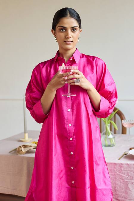 Buy_Juanita By Shubhda_Fuchsia Silk Collared Co-ord Kurta Set _Online_at_Aza_Fashions