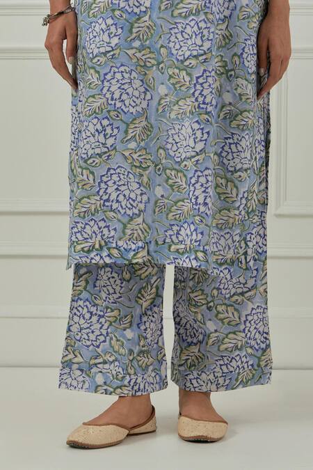 Musal_Blue Cotton, Silk Organza Embroidery Split Floral Block Printed Azalea Kurta Set _Online_at_Aza_Fashions