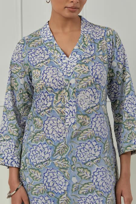 Musal_Blue Cotton, Silk Organza Embroidery Split Floral Block Printed Azalea Kurta Set _at_Aza_Fashions