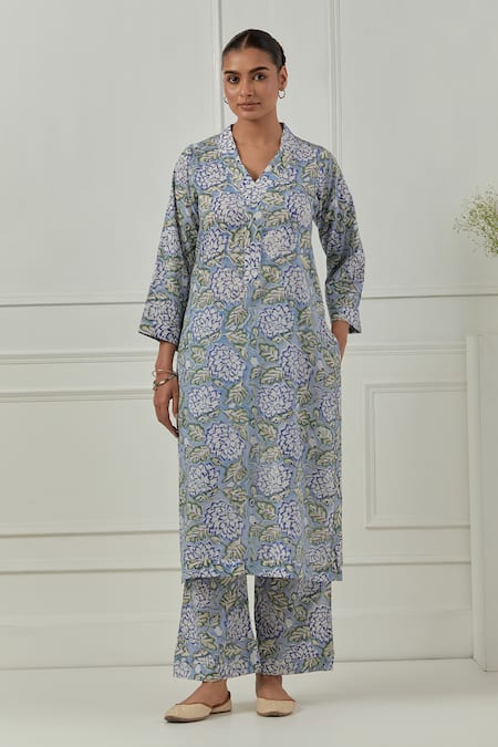 Buy_Musal_Blue Cotton, Silk Organza Embroidery Split Floral Block Printed Azalea Kurta Set 