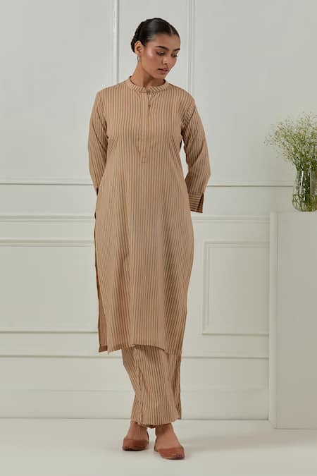 Musal_Mustard Cotton Mandarin Collar Aster Striped Kurta Set_Online_at_Aza_Fashions