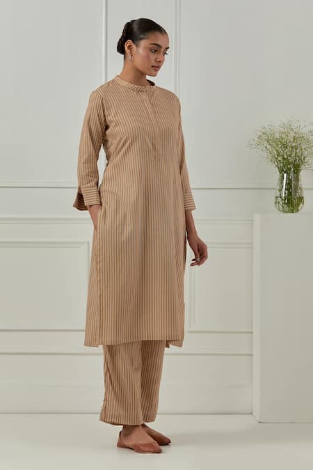 Buy_Musal_Mustard Cotton Mandarin Collar Aster Striped Kurta Set_Online_at_Aza_Fashions
