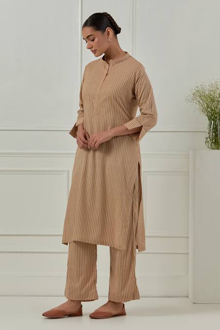 Shop_Musal_Mustard Cotton Mandarin Collar Aster Striped Kurta Set_Online_at_Aza_Fashions