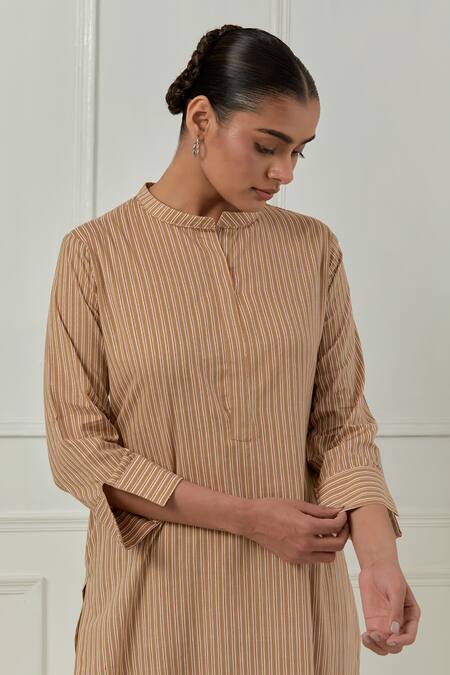 Musal_Mustard Cotton Mandarin Collar Aster Striped Kurta Set_at_Aza_Fashions