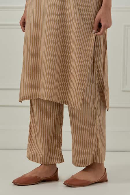 Buy_Musal_Mustard Cotton Mandarin Collar Aster Striped Kurta Set