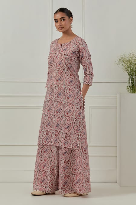 Shop_Musal_Multi Color Cotton, Silk Organza Embroidery, Iris Floral Block Print Kurta Set _Online_at_Aza_Fashions