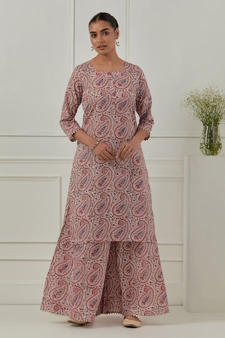 Musal_Multi Color Cotton, Silk Organza Embroidery, Iris Floral Block Print Kurta Set _at_Aza_Fashions