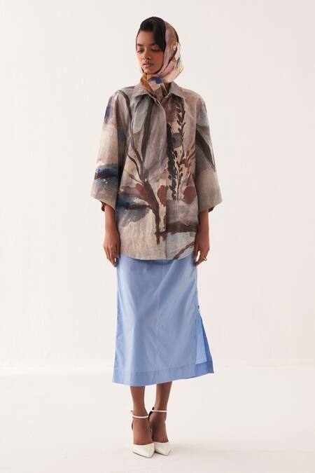 OFRIDA Blue Cotton Designer Powder Midi Skirt Online at Aza Fashions OFRIDA_Blue Cotton Designer Powder Midi Skirt _Online_at_Aza_Fashions