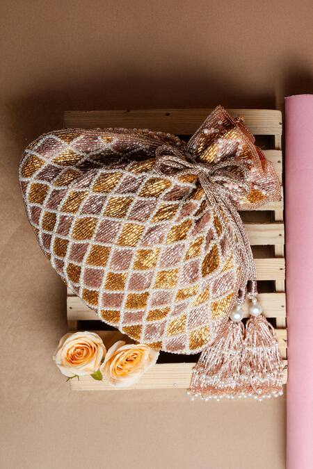 Nayaab By Sonia_Gold Pearls, Embroidery Cruzado Blush Potli Bag _Online_at_Aza_Fashions