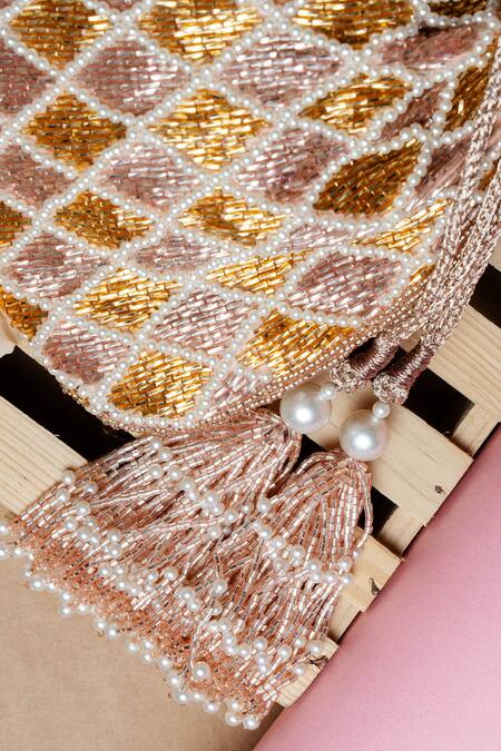 Buy_Nayaab By Sonia_Gold Pearls, Embroidery Cruzado Blush Potli Bag _Online_at_Aza_Fashions