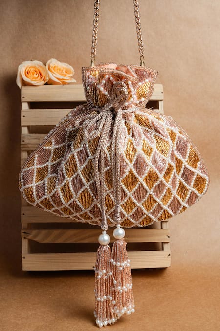 Nayaab By Sonia Gold Pearls, Embroidery Cruzado Blush Potli Bag 