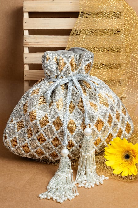 Nayaab By Sonia Gold Pearls, Tassels Cruzado Silver Aurum Potli Bag 