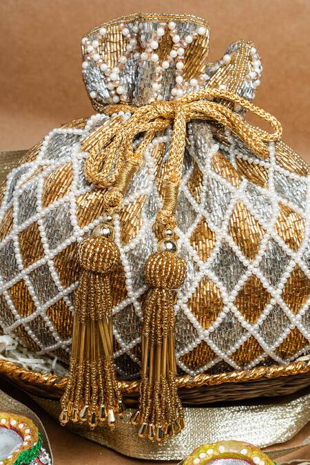 Nayaab By Sonia Silver Beads, Embroidery Cruzado Gold Velvet Potli Online at Aza Fashions Nayaab By Sonia_Silver Beads, Embroidery Cruzado Gold Velvet Potli _Online_at_Aza_Fashions