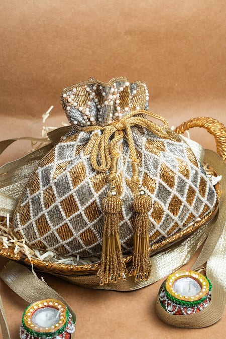 Shop Nayaab By Sonia Silver Beads, Embroidery Cruzado Gold Velvet Potli at Aza Fashions Shop_Nayaab By Sonia_Silver Beads, Embroidery Cruzado Gold Velvet Potli _at_Aza_Fashions