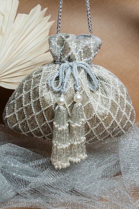 Shop Nayaab By Sonia Silver Pearls Cruzado Potli With Work at Aza Fashions Shop_Nayaab By Sonia_Silver Pearls Cruzado Potli With Work _at_Aza_Fashions