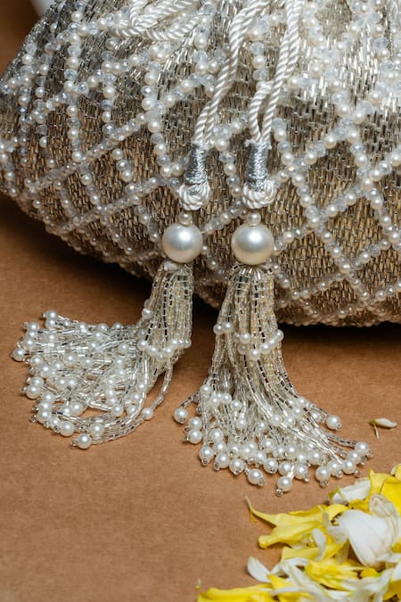 Nayaab By Sonia Silver Pearls, Tassels Cruzado White Velvet Potli Bag Online at Aza Fashions Nayaab By Sonia_Silver Pearls, Tassels Cruzado White Velvet Potli Bag _Online_at_Aza_Fashions
