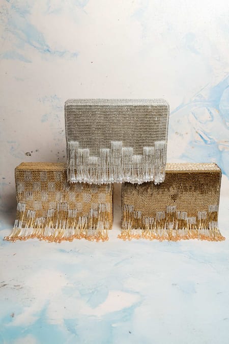 Nayaab By Sonia Gold Beads, Tassels Salli En Vie Kasse Embroidered Clutch Online at Aza Fashions Nayaab By Sonia_Gold Beads, Tassels Salli En Vie Kasse Embroidered Clutch _Online_at_Aza_Fashions