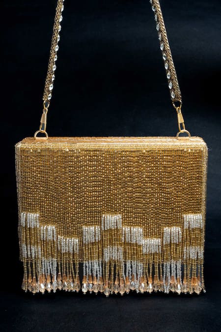 Shop Nayaab By Sonia Gold Beads, Tassels Salli En Vie Kasse Embroidered Clutch at Aza Fashions Shop_Nayaab By Sonia_Gold Beads, Tassels Salli En Vie Kasse Embroidered Clutch _at_Aza_Fashions
