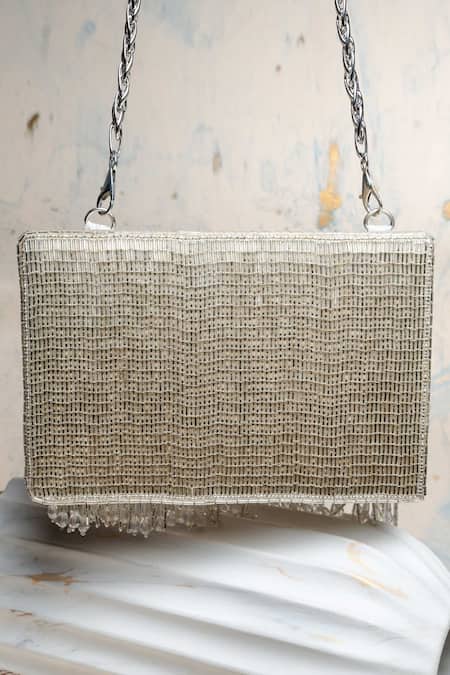 Shop Nayaab By Sonia Silver Tassels, Beads, Embroidery Salli En Vie Kasse Clutch at Aza Fashions Shop_Nayaab By Sonia_Silver Tassels, Beads, Embroidery Salli En Vie Kasse Clutch _at_Aza_Fashions